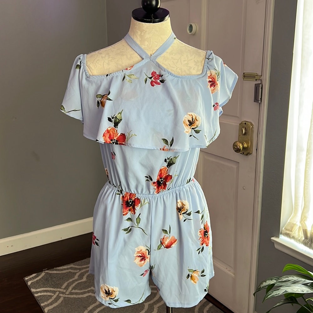Mimi Chica Halter Tie Blue Floral Romper
